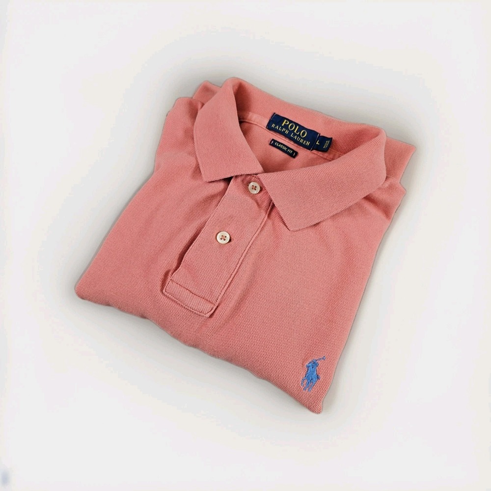 Polo Ralph Lauren Men Polo Shirt Large Classic Fit Short Sleeve Salmon Blue Pony